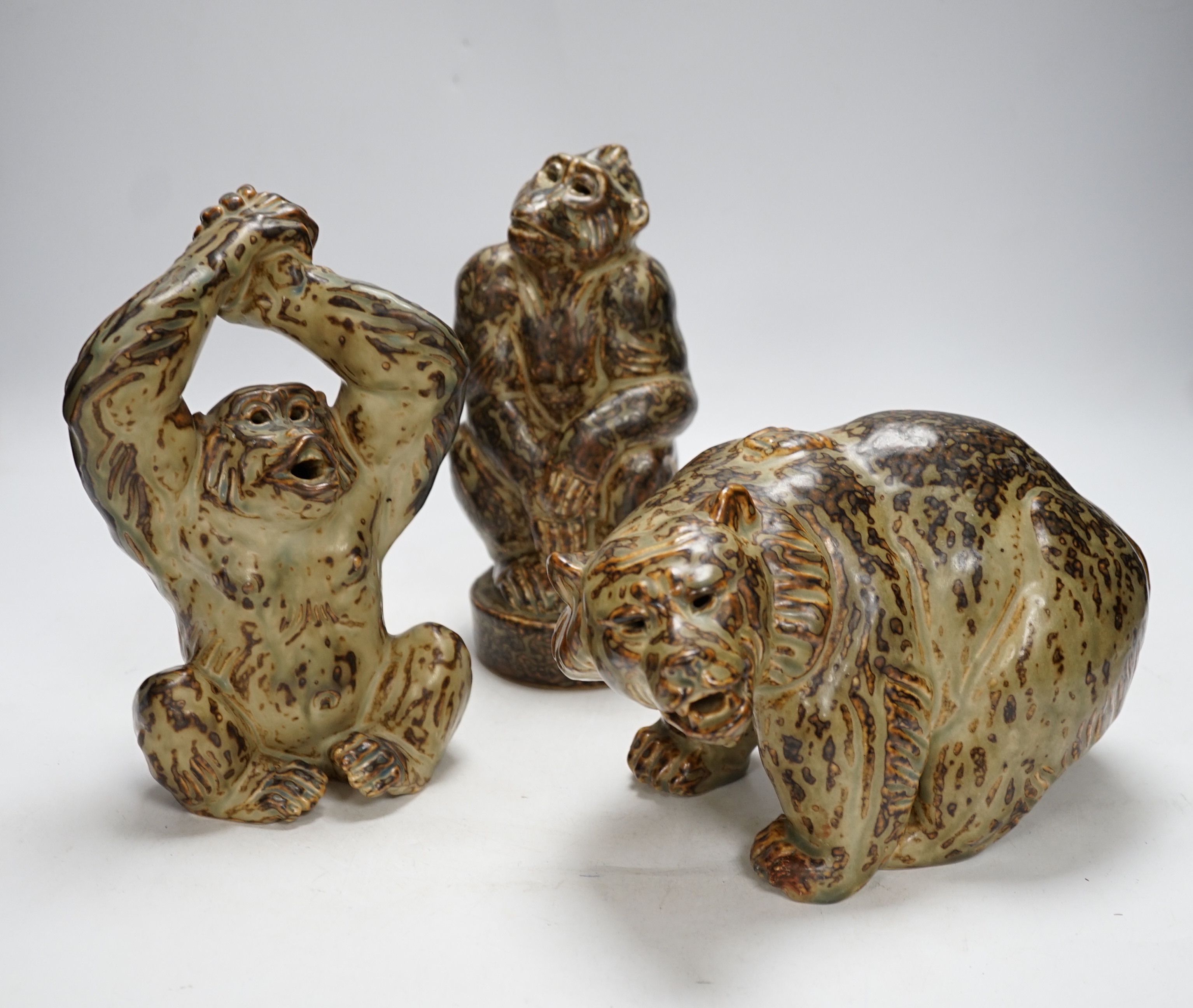 Three Royal Copenhagen, stoneware animals by Knud Kyhn; a monkey (21633), an ape (20227) and a bear (20140), tallest 21.5 cm